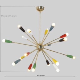 Mid Century Modern Sputnik Chandelier, Brass Finish, Colorful Accent Lighting - thumbnail 2
