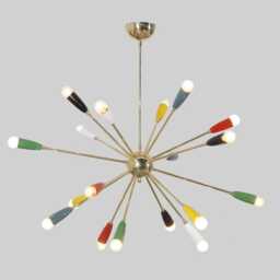 Mid Century Modern Sputnik Chandelier, Brass Finish, Colorful Accent Lighting - thumbnail 1
