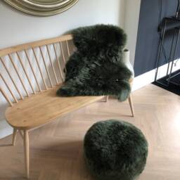 Forest Green Sheepskin Pouffe , Furry Pouffe, Genuine Stool, Botanical Interior, Interior Accessories - thumbnail 3