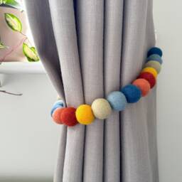Rust & Blue Felt Ball Curtain Tie Backs - Pom Hold Custom Ties Nursery Decor Baby Gift Colourful Pull - thumbnail 1