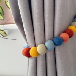Rust & Blue Felt Ball Curtain Tie Backs - Pom Hold Custom Ties Nursery Decor Baby Gift Colourful Pull - thumbnail 2