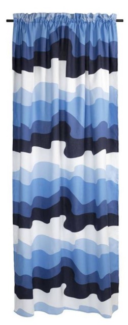 Curtain Panel White Blue Navy Waves Scandinavian Design Modern Decor Cafe Curtain Kitchen Valance , Runner Napkins Available, Great Gift