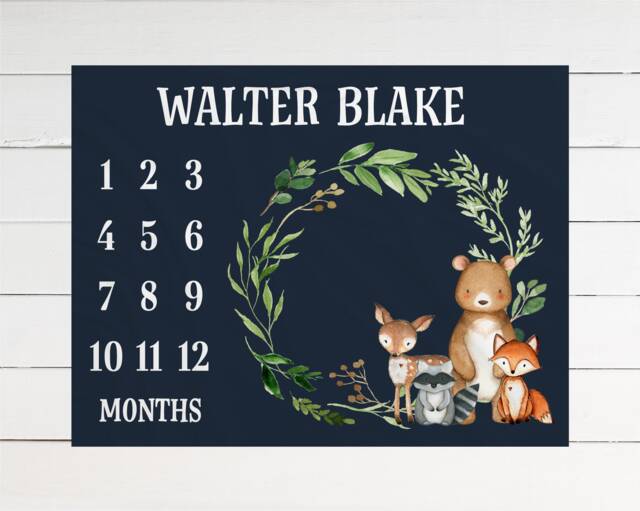 Woodland Milestone Blanket Personalized Month Forrest Baby New Growth Photo Prop Shower Gift - image 1