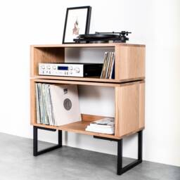 "Tall European Oak Record Player Stand, Premium Solid Wood Vinyl Storage On Minimalist Square Legs ""Tall Stack Stand"