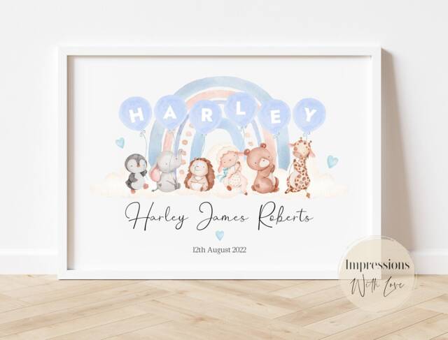 Baby Name Print, Personalised New Boy Gift, Nursery Decor, Sign, Christening, Baptism Present, Rainbow, Balloon, Animals