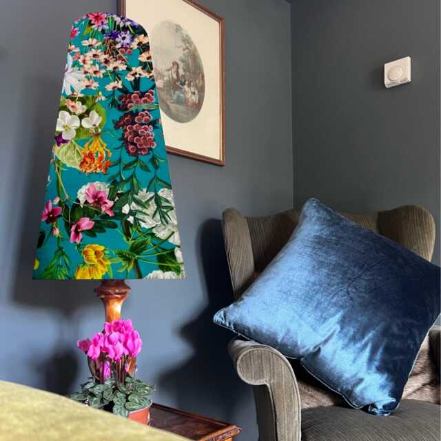 Teal Flowers Summer Velvet Cone Lampshade, Extra Tall Lampshade - image 1