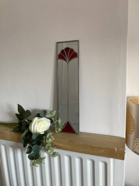 Sale Due To Workshop Relocation Fan 2 Design Art Deco Style Stained Glass Effect Mirror in Red Handmade UK Gift Catfish Glass 10x40cm - image 1