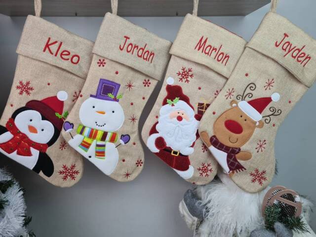 Personalised Christmas Stocking Embroidered, Hessian Burlap Stocking, First Christmas, Name Christmas Gift - image 1