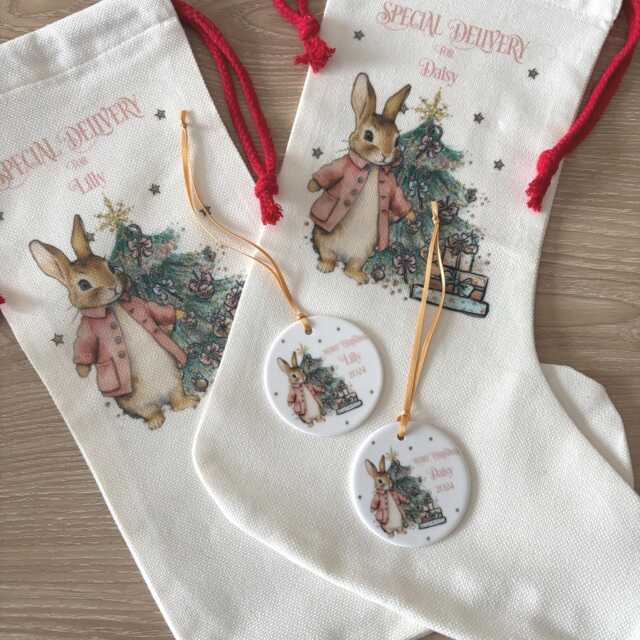 Personalised Storybook Bunny Stocking, Custom Holiday Linen Sack, Keepsake Bauble Set - image 1