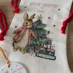 Personalised Storybook Bunny Stocking, Custom Holiday Linen Sack, Keepsake Bauble Set - thumbnail 3