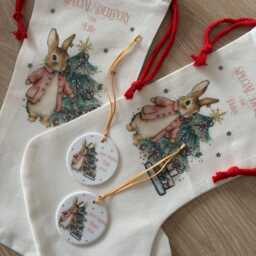 Personalised Storybook Bunny Stocking, Custom Holiday Linen Sack, Keepsake Bauble Set - thumbnail 4