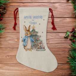 Personalised Storybook Bunny Stocking, Custom Holiday Linen Sack, Keepsake Bauble Set - thumbnail 2