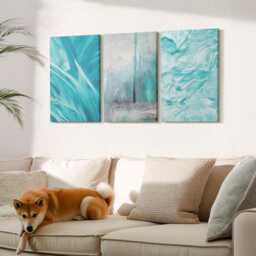 Canvas Set Of 3 Wall Art - Shades Blue in Delicate Patterns, Turquoise Print On Canvas, Natural Textures Hanging Piece