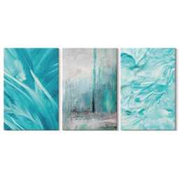 Canvas Set Of 3 Wall Art - Shades Blue in Delicate Patterns, Turquoise Print On Canvas, Natural Textures Hanging Piece - thumbnail 2