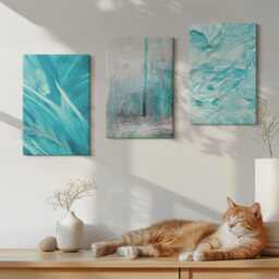 Canvas Set Of 3 Wall Art - Shades Blue in Delicate Patterns, Turquoise Print On Canvas, Natural Textures Hanging Piece - thumbnail 3