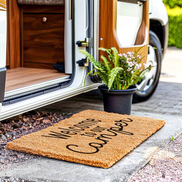 Welcome To Our Camper Decor - Rv Doormat Funny Home On Wheels Motorhome Door Mat Caravan Camping Gift - image 1
