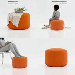Orange Beanbag Ottoman Round Water Resistant Footstool Pouf - thumbnail 3