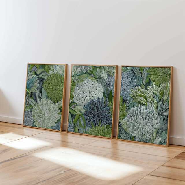 Textured Botanical Wall Art Set Of 3, Green & White Floral Prints, Modern Abstract Flower Posters For Living Room Or Bedroom Decor - image 1
