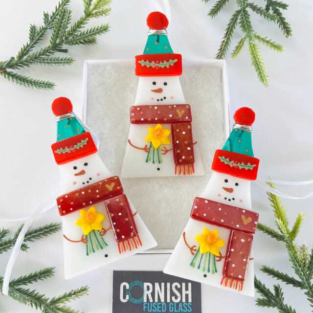 Fused Glass Snowman Christmas Tree Decoration, Snowman Home Decor, Christmas - image 1