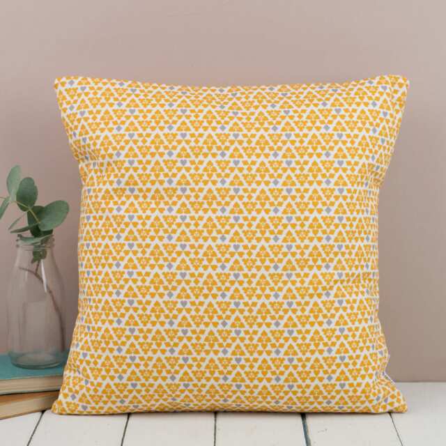 Yellow Cushion - Mustard & Grey Suits Pattern, Feather Pad, Mid Century Modern Design With Heart Detail, Yellow Throw Pillow For The Home - image 1