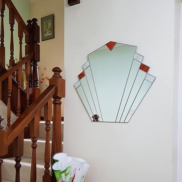 Art Deco Fan Mirror - Orange/Cream Stained Glass - image 1