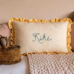 Personalised Daisy Name Cushion - Yellow Stripe Nursery Pillow, Heirloom Decor - thumbnail 3