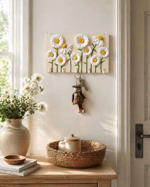 Handmade Daisy Key Holder Rustic Floral Entryway Organizer - image 1