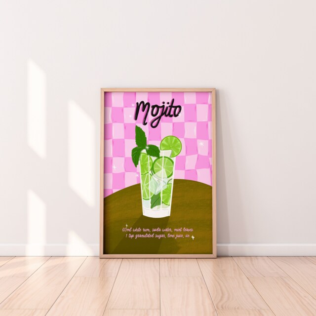 Mojito Cocktail Wall Art Print, Wine Vintage Art, Retro Kitchen Bar Poster, Gift, Poster - image 1