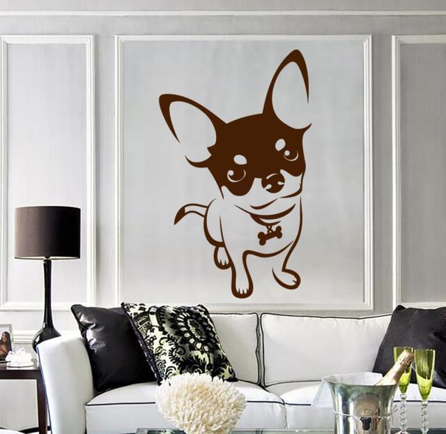 Wall Vinyl Decal Dog's Portrait Cute Puppy Chihuahua With Bow Tie Dog Collar Abstract Modern Home Decor - #1140Dz - image 1