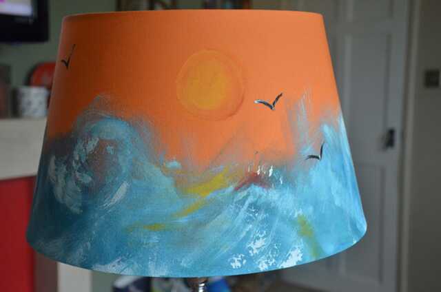 Tapered Drum Lampshade Hand Painted Ocean Waves Sunset & Gulls Ideal For Table Lamp Or Ceiling Pendant Coastal Cottage Art Furniture Designs - image 1