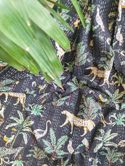 Kantha Stitch Pure Cotton Reversible Bed/Sofa Throw King Size Handmade Dohar Quirky Black Boho Jungle Leopard Cheetah Tropical Magic - image 1