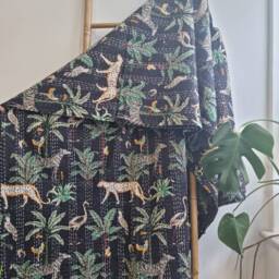 Kantha Stitch Pure Cotton Reversible Bed/Sofa Throw King Size Handmade Dohar Quirky Black Boho Jungle Leopard Cheetah Tropical Magic - thumbnail 3