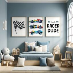 Race Car Nursery Prints - Set Of 3 Posters - Little Racer Dude Racing Playroom Wall Art Boys Bedroom Decor Kids Cars Gifts - thumbnail 2