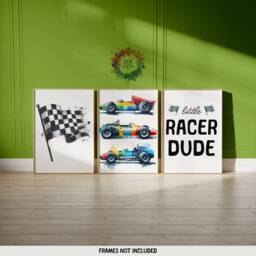 Race Car Nursery Prints - Set Of 3 Posters - Little Racer Dude Racing Playroom Wall Art Boys Bedroom Decor Kids Cars Gifts - thumbnail 1