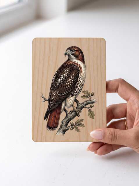 Red-Tailed Hawk Art Print - Vintage American Wall Pine Wooden Postcard - image 1