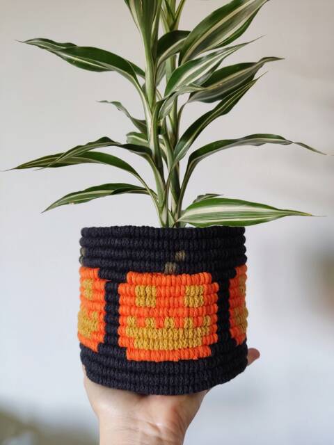 Halloween Pumpkin Macrame Plant Pot Cover, Gothic Planter Spooky Decor, Goth Home Alternative Lover Gift - image 1
