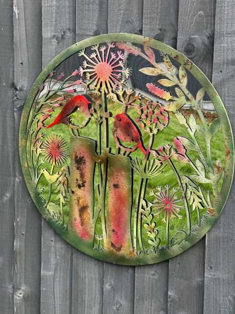 Handmade Rusty 60cm Wall Plaque Acrylic Mirror Of Robin Birds Tree Wall Plaque, Rusted Coloured Metal, Garden/Indoor Art With Peeling - image 1