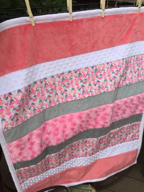Handmade Modern Baby Minky Blanket Pink, Grey & Coral Chevrons Stars - image 1