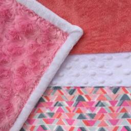 Handmade Modern Baby Minky Blanket Pink, Grey & Coral Chevrons Stars - thumbnail 2