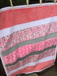 Handmade Modern Baby Minky Blanket Pink, Grey & Coral Chevrons Stars - thumbnail 1