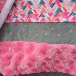 Handmade Modern Baby Minky Blanket Pink, Grey & Coral Chevrons Stars - thumbnail 3