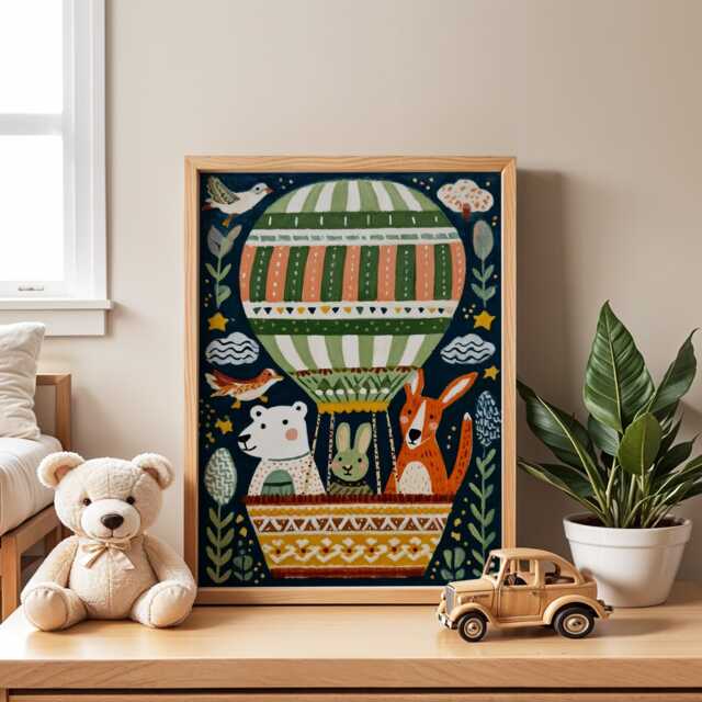 Animals in Hot Air Balloon Print - Nursery Poster Bear, Rabbit & Kangaroo Illustration Wall Art Cute Animal Adventure - image 1