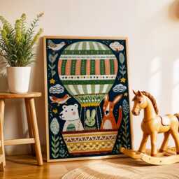 Animals in Hot Air Balloon Print - Nursery Poster Bear, Rabbit & Kangaroo Illustration Wall Art Cute Animal Adventure - thumbnail 2