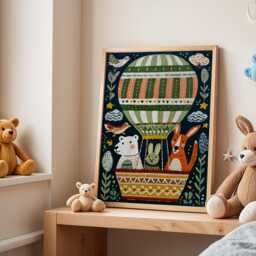 Animals in Hot Air Balloon Print - Nursery Poster Bear, Rabbit & Kangaroo Illustration Wall Art Cute Animal Adventure - thumbnail 3