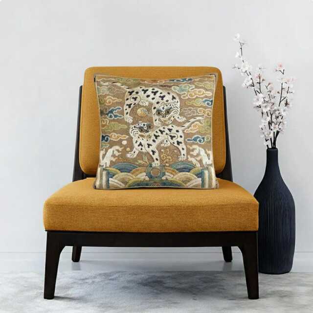 Leopard Rank Badge Pillow Cover, Ancient Korean Military Art, Cotton Linen Decorative Cushion, Oriental Folk Symbolic Big Cat Decor - image 1