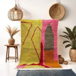 Handmade Pink Moroccan Rug Berber Wool, Abstract Design - thumbnail 1