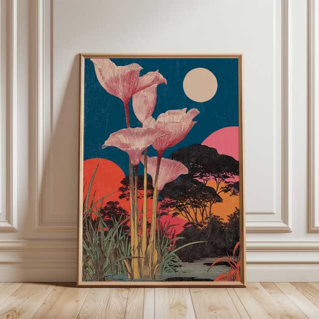 Moonlit Botanical Flower Poster - Red Green Night Garden Art Vintage Style Illustration - image 1