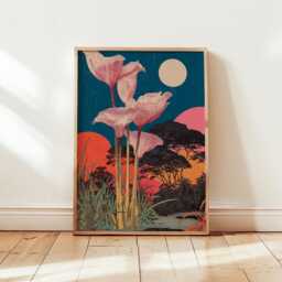 Moonlit Botanical Flower Poster - Red Green Night Garden Art Vintage Style Illustration - thumbnail 2