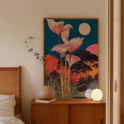 Moonlit Botanical Flower Poster - Red Green Night Garden Art Vintage Style Illustration - thumbnail 3