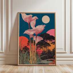 Moonlit Botanical Flower Poster - Red Green Night Garden Art Vintage Style Illustration - thumbnail 1